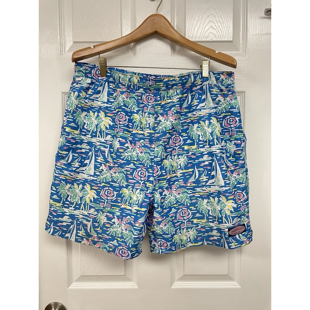 Vineyard Vines Swim Trunk Shorts Mens Blue L  Sailboat Drawstring Mesh Lined